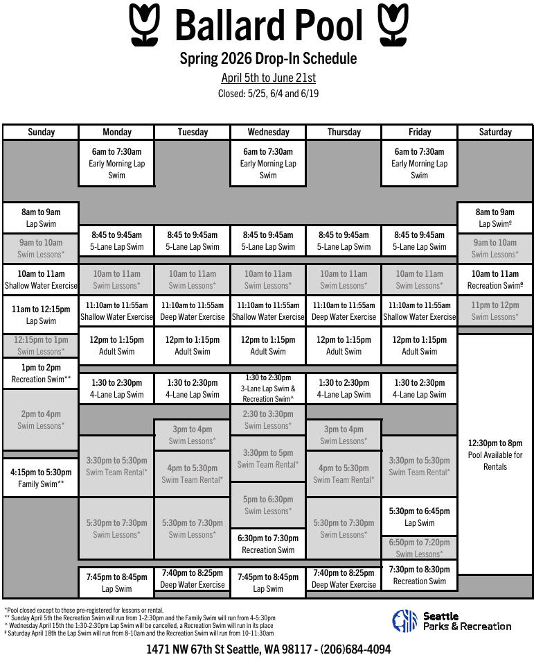 Click or tap to open an ADA-accessible, printable version of the Ballard Pool schedule in a new frame. 