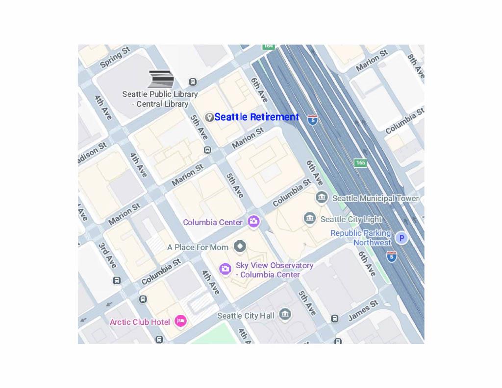 Map showing Seattle Retirement on the corner of 5th Avenue and Madison Street