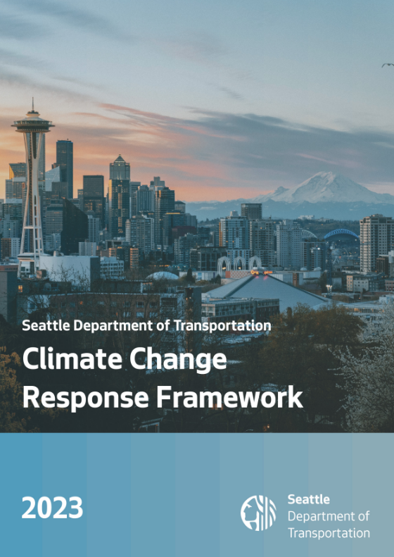 Cover of the Climate Change Response Framework Document with a photo of Seattle