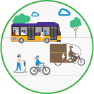 A graphic of people on bikes and a scooter, with traffic passing by