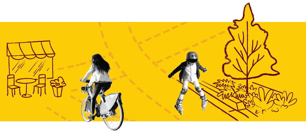 People biking and skating against a yellow background