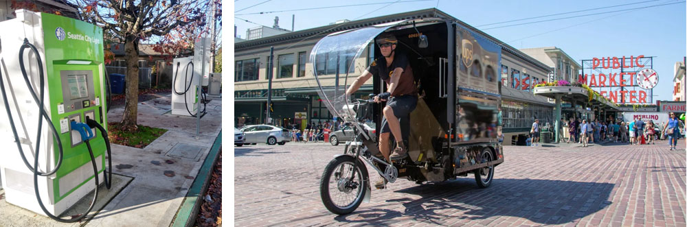 Photo of car chargers and a UPS cargo bike