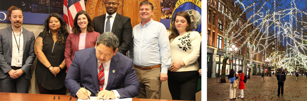 Mayor Harrell signing the climate change legislation and Occidental Park in Pioneer Square, full of walkers