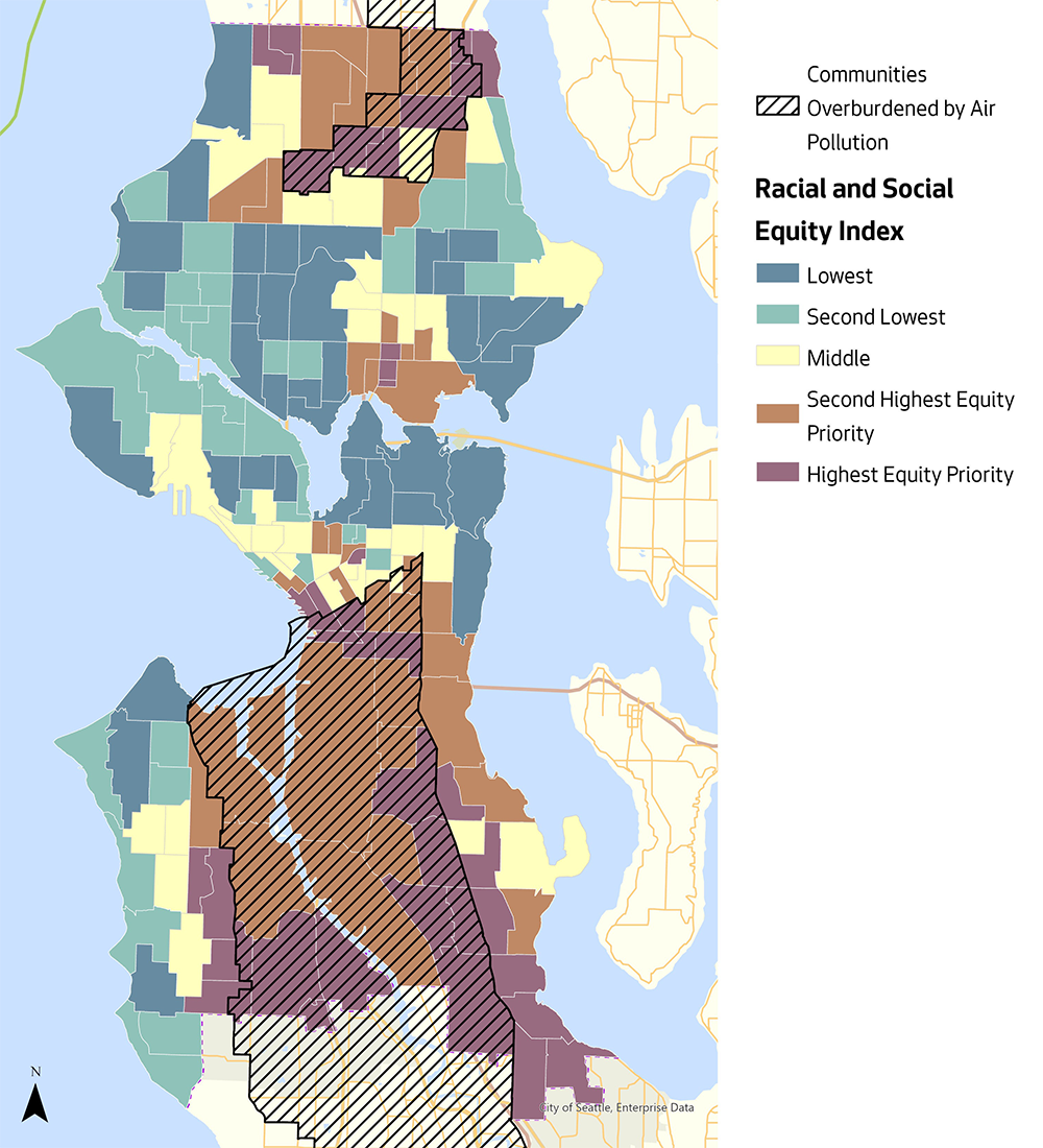 Map showing the racial and social equity index in Seattle with communities overburdened by air pollution highlighted.