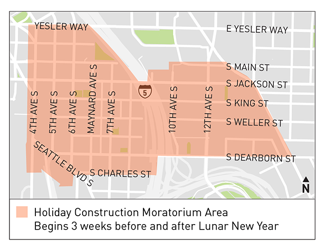 Street map showing the Chinatown-International District area covered by the Holiday Construction Moratorium