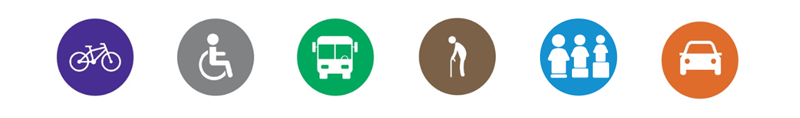 Icons in circles: bikes, person in wheelchair, bus, person with cane, people standing on bars that raise them to the same level, car