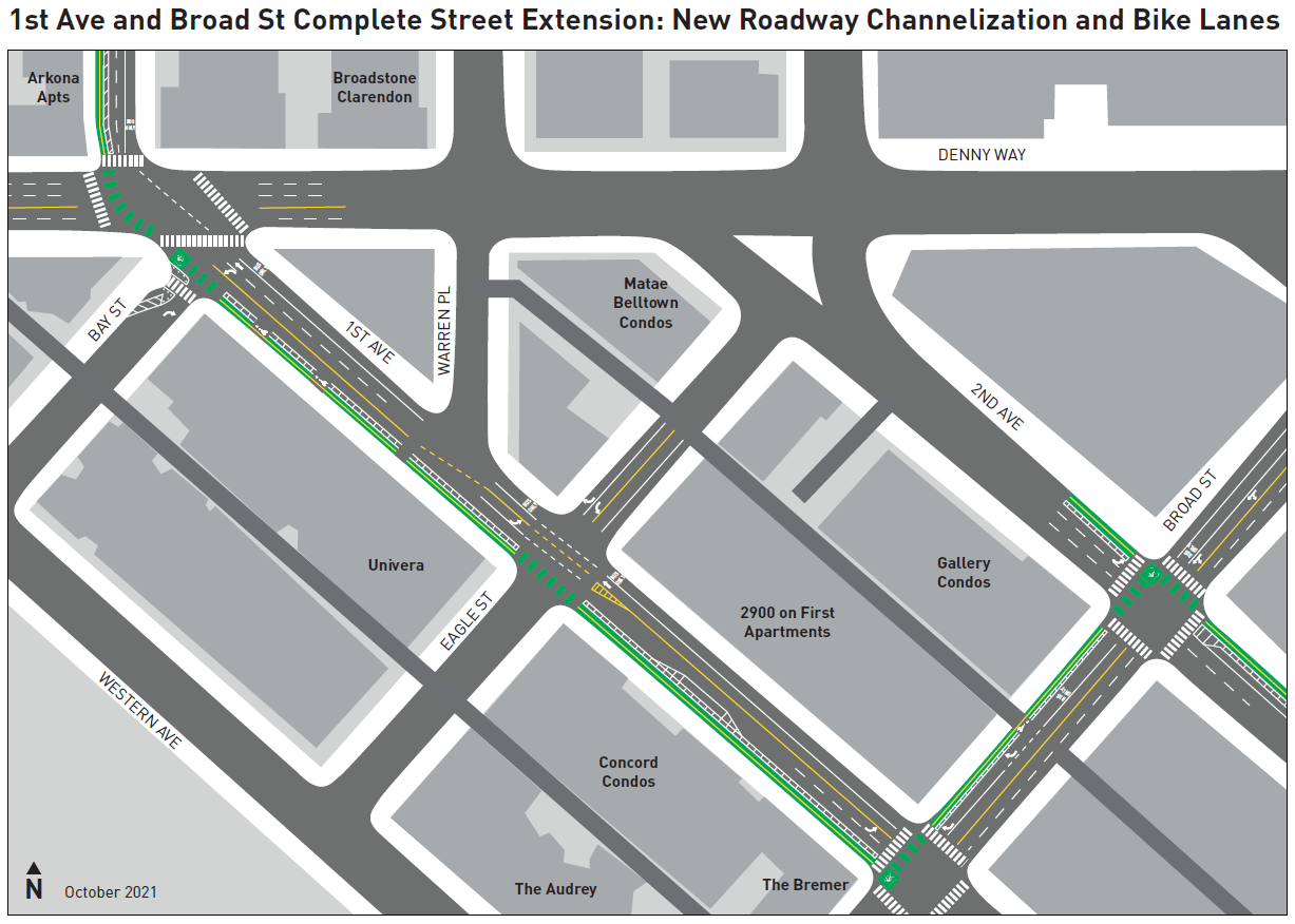 1st and Broad map showing bike lane and street channelization