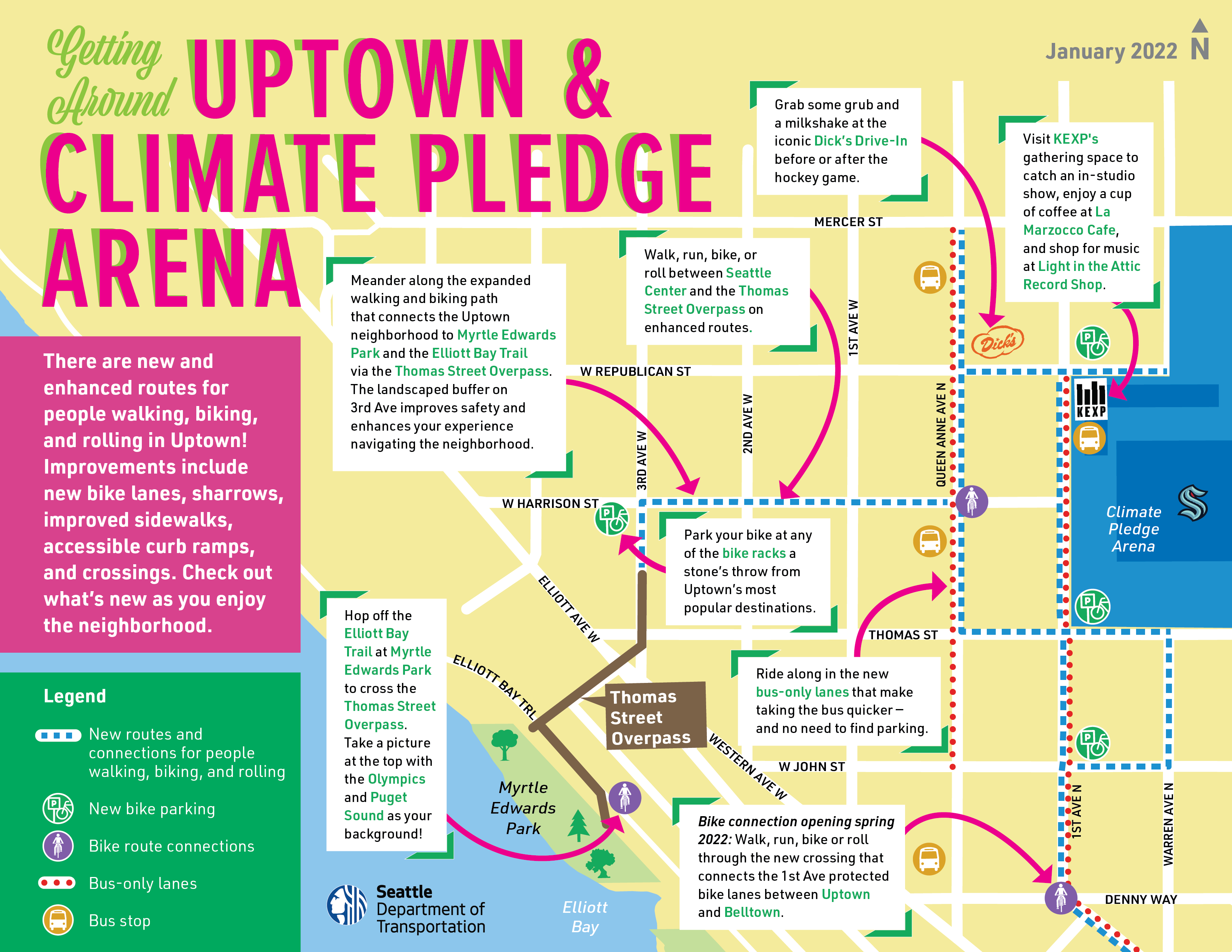 Map showing new routes and connections for people walking, biking, and rolling in the Uptown neighborhood.