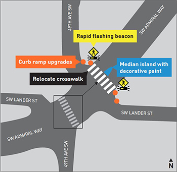 49th Ave SW map showing crosswalk and curb updates