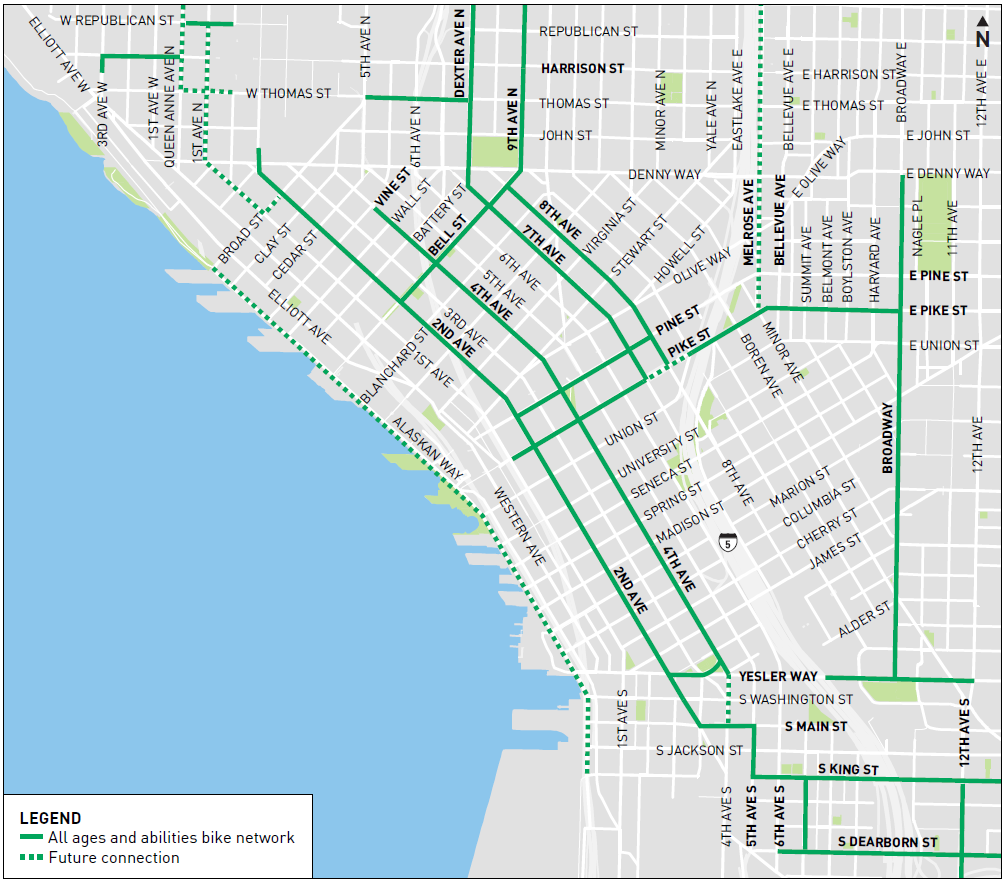 Map showing all ages and abilities bike routes in Center City