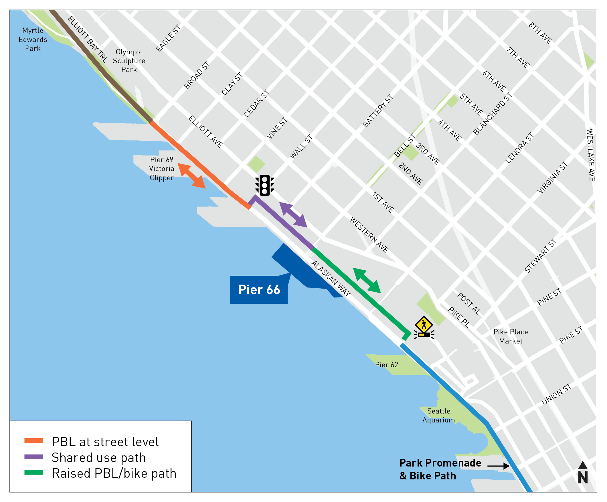 Map showing proposed design of protected bike lane on Alaskan Way between Virginia St and Broad St.