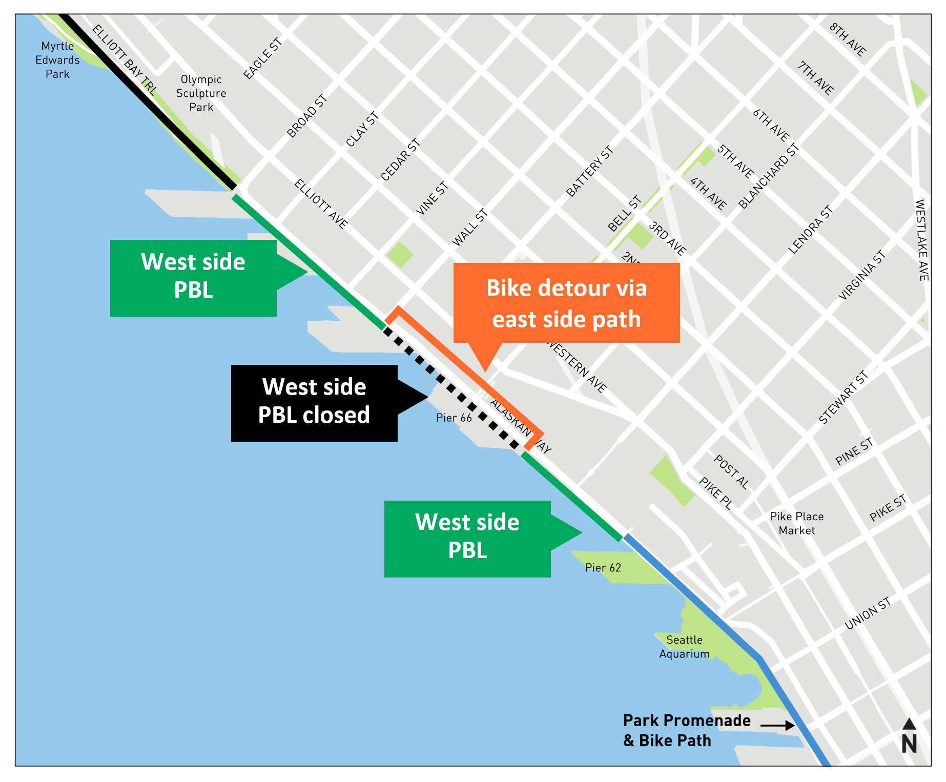 Map showing proposed cruise sailing day detour on Alaskan Way.