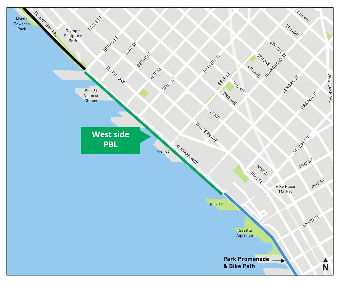 Map showing proposed design of protected bike lane on Alaskan Way between Virginia St and Broad St.