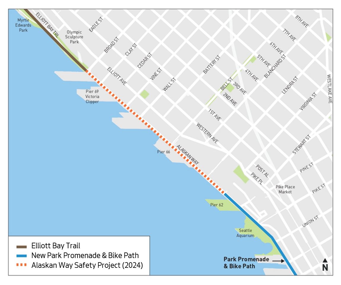 Map showing project corridor on Alaskan Way between Virginia St and Broad St.