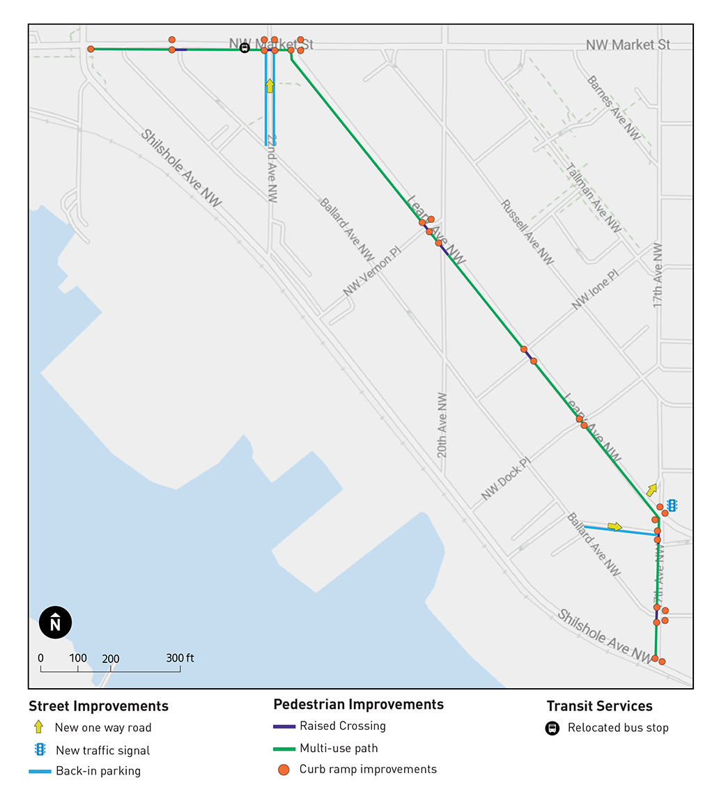 Map of proposed route showing a multi-use path from NW Market Street, Leary Ave NW