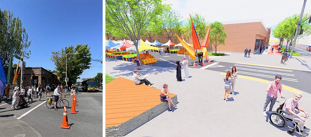 Left: photo at NW Market St and 22nd Ave NW. Right: Rendering showing potential improvements at NW Market St and 22nd Ave NW.