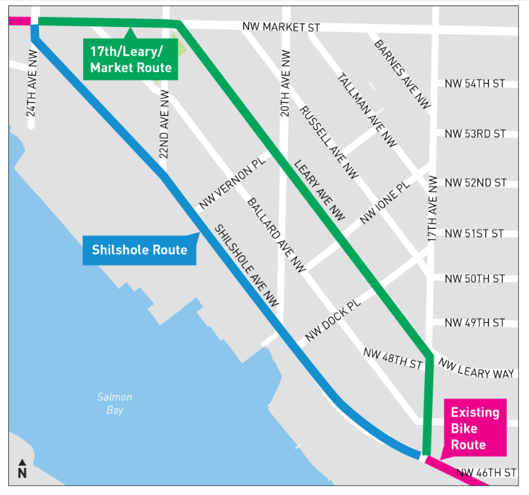 Map showing a route in green starting at NW 46th St, going down Leary Ave. NW, and then turning on NW Market Street.