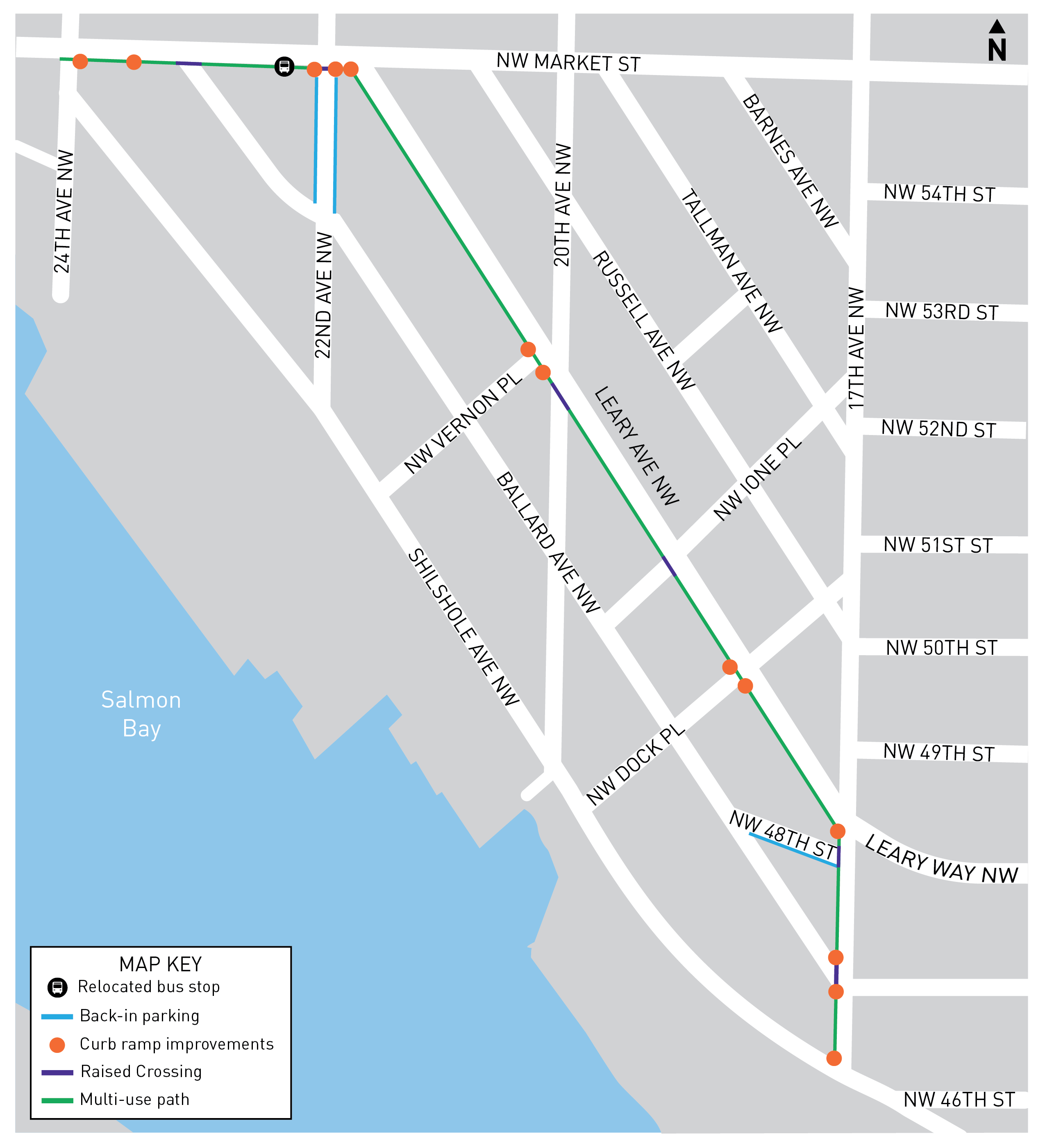 Map of proposed oute would extend along NW Market Street two blocks east from 24th Ave NW and then run along Leary Ave NW to 17th Ave NW where it re-joins the Shilshole Route