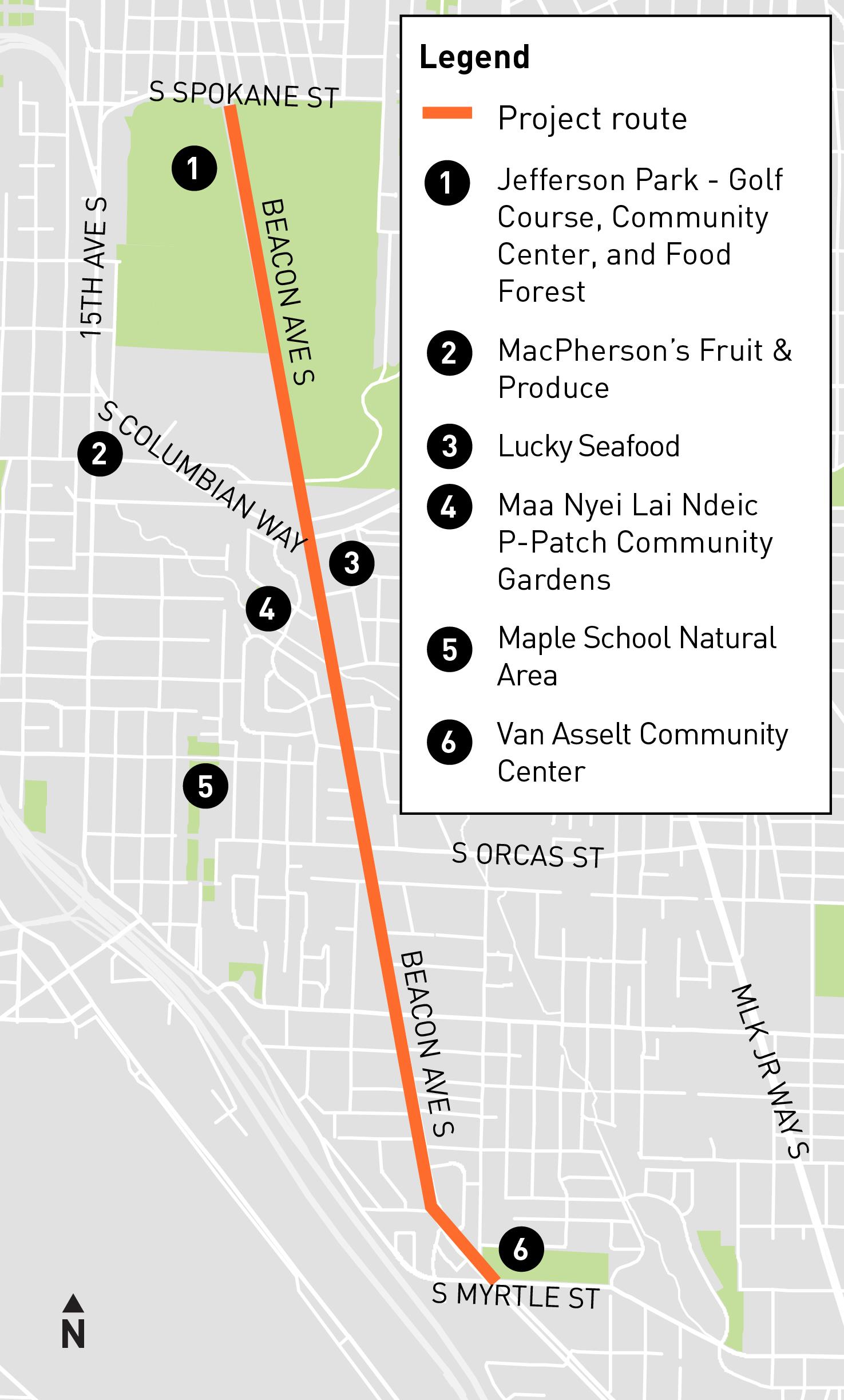 Map showing project area on Beacon Ave S between S Spokane St and S Myrtle St.