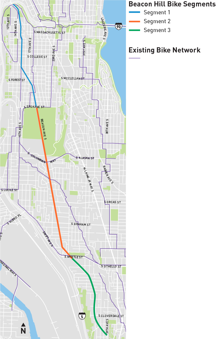 Mapa del proyecto de todos los tramos de las ciclovías de Beacon Hill