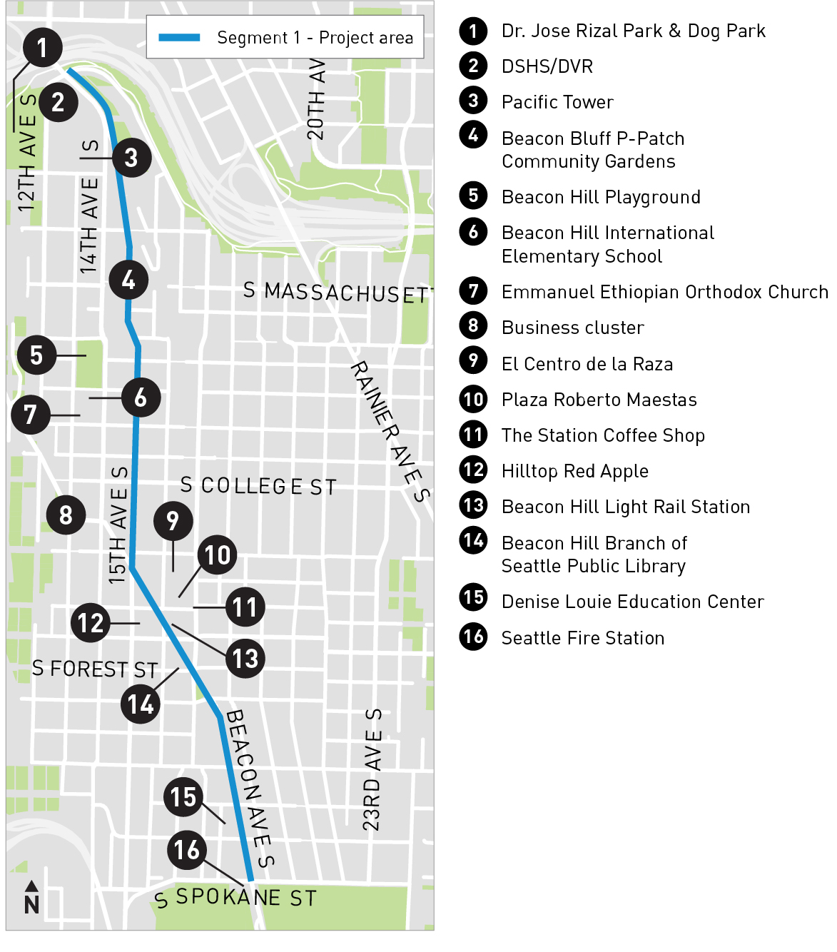 Haga clic en este mapa de puntos de interés del tramo uno de la zona del proyecto para abrir una versión en PDF.