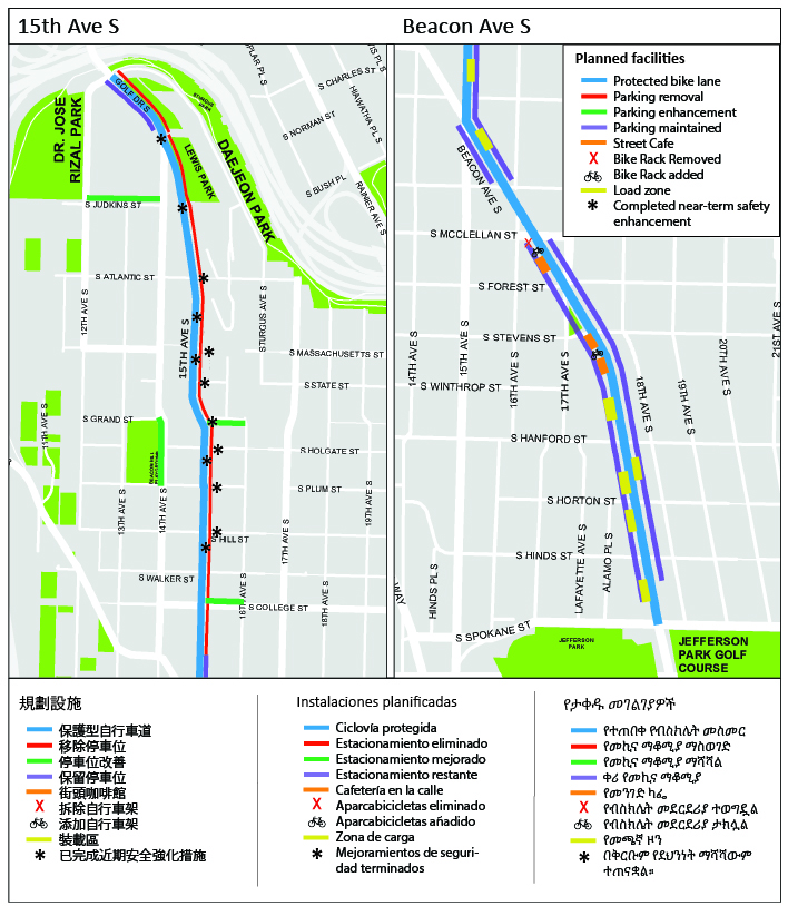 A graphic map shows the major changes coming to Beacon Avenue South and 15th Avenue South. Protected bike lanes will be installed from the Doctor Jose Rizal Bridge to South Spokane Street. Parking will be removed from the east side of 15th Avenue South from Doctor Jose Rizal Bridge to the intersection with Beacon Avenue South, and parking will be enhanced on four street segments nearby 15th Avenue South. Parking and load zones will be available on both sides of Beacon Ave S except for between South Lander Street and South McClellan St, outside of Beacon Hill Station, where there will instead be raised bus stops. A bike rack will be removed on the west side of Beacon Avenue South near South McClellan Street, but a new bike rack will be added just south of that location on the same block, as well as a second new bike rack on the west side of Beacon Avenue South just south of South Stevens Street.