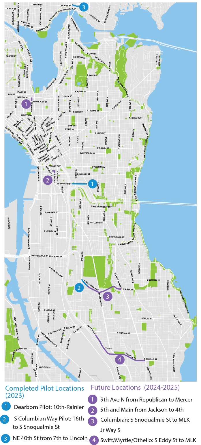 Map showing completed locations on a map of Seattle.  The locations are also listed on the page. 