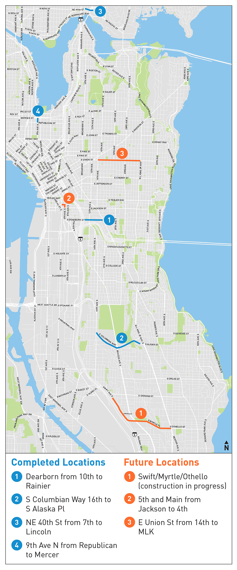 Map showing locations of Better Bike Lanes across Seattle