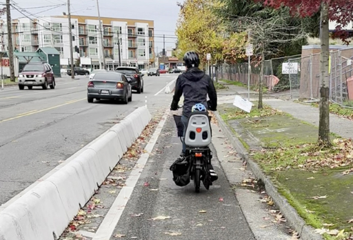 A biker with a child on the back on a bike path with Low Wall Concrete Barrier