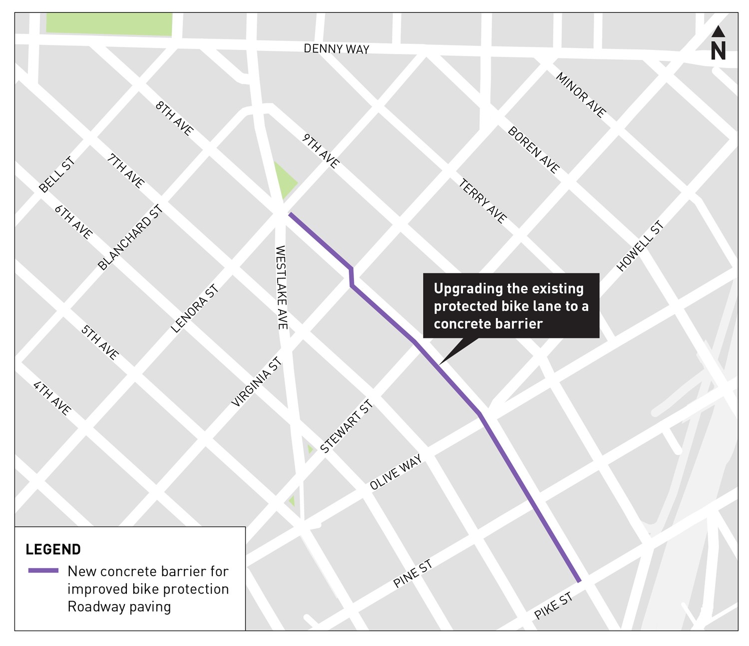 Map of 8th Ave Mobility Improvements project showing locations of improvement work along the corridor between Pike St and Bell St 