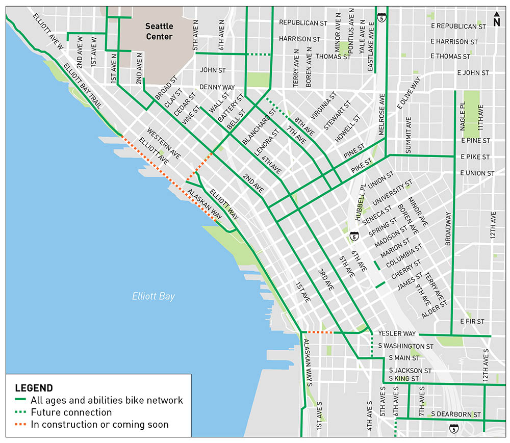 A map showing downtown Seattle: completed routes on 2nd ave, 4th ave, S King, S. Dearboard, Broadway, Pike, Pine 7th Ave 8th Ave Thomas St, 1st Ave N, 3rd Ave W, Yesler Way, S Dearborn and Melrose Ave.  