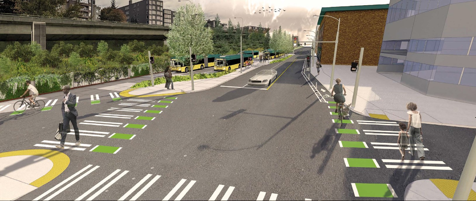 Rendering of Eastlake Layover Facility design, looking south from intersection of Eastlake Ave E, Roy St, and Lakeview Blvd.