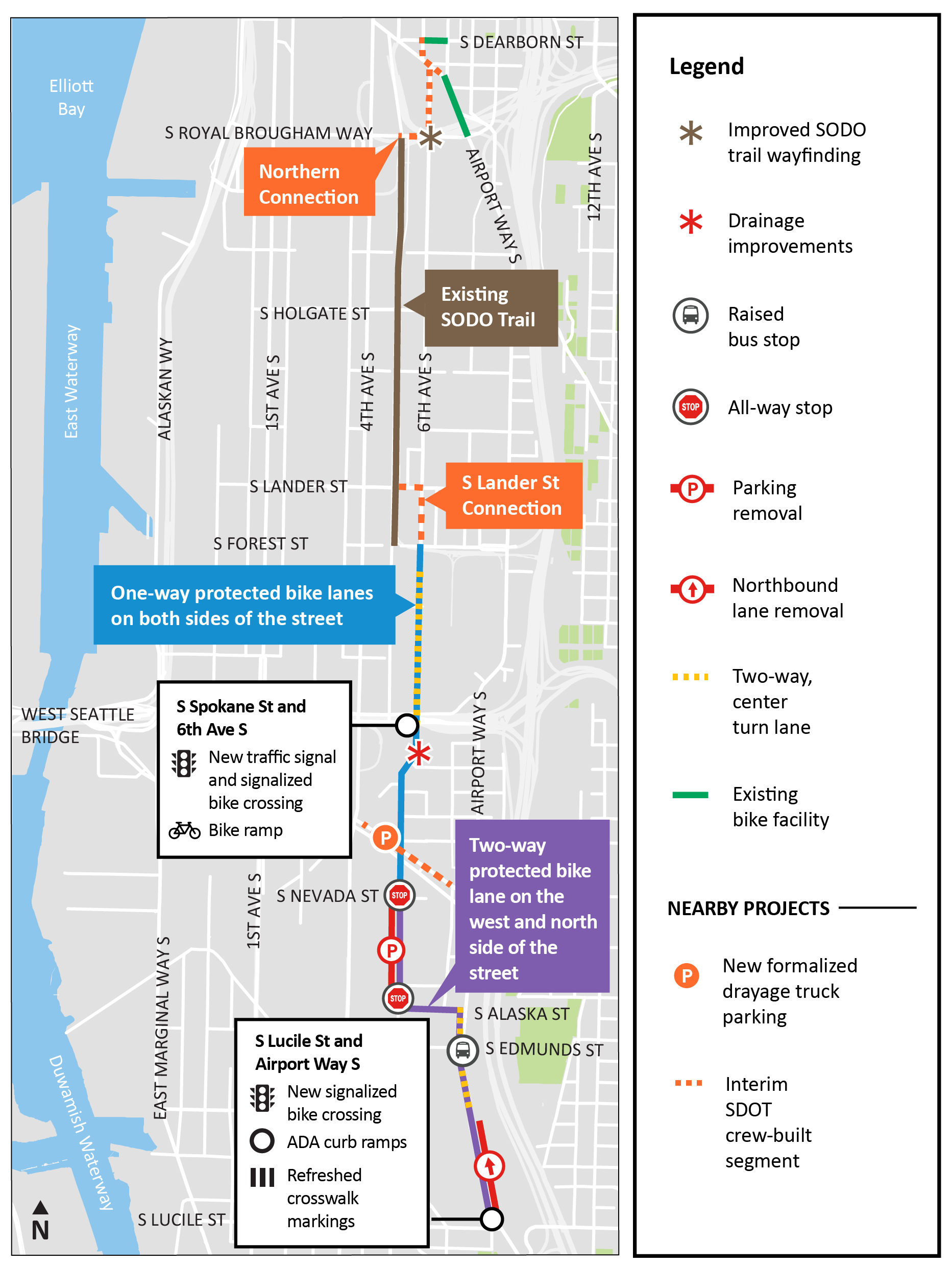 Map of improvements to be constructed on 6th Ave S, S Alaska St, and Airport Way S