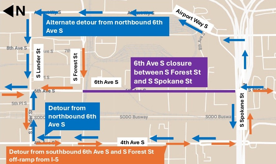 Map of 6th Ave S detour between S Forest St and S Spokane St