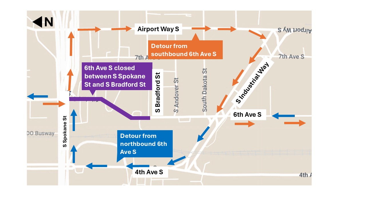 Map of 6th Ave S detour between S Bradford St and S Spokane St