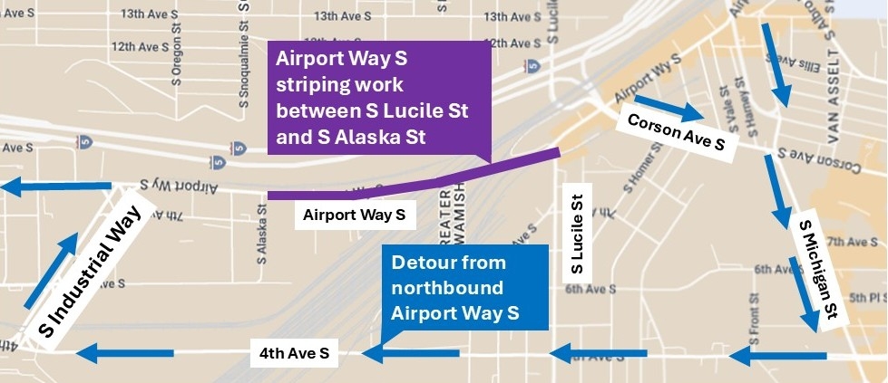 Map of northbound Airport Way S detour between S Lucile St and S Alaska St