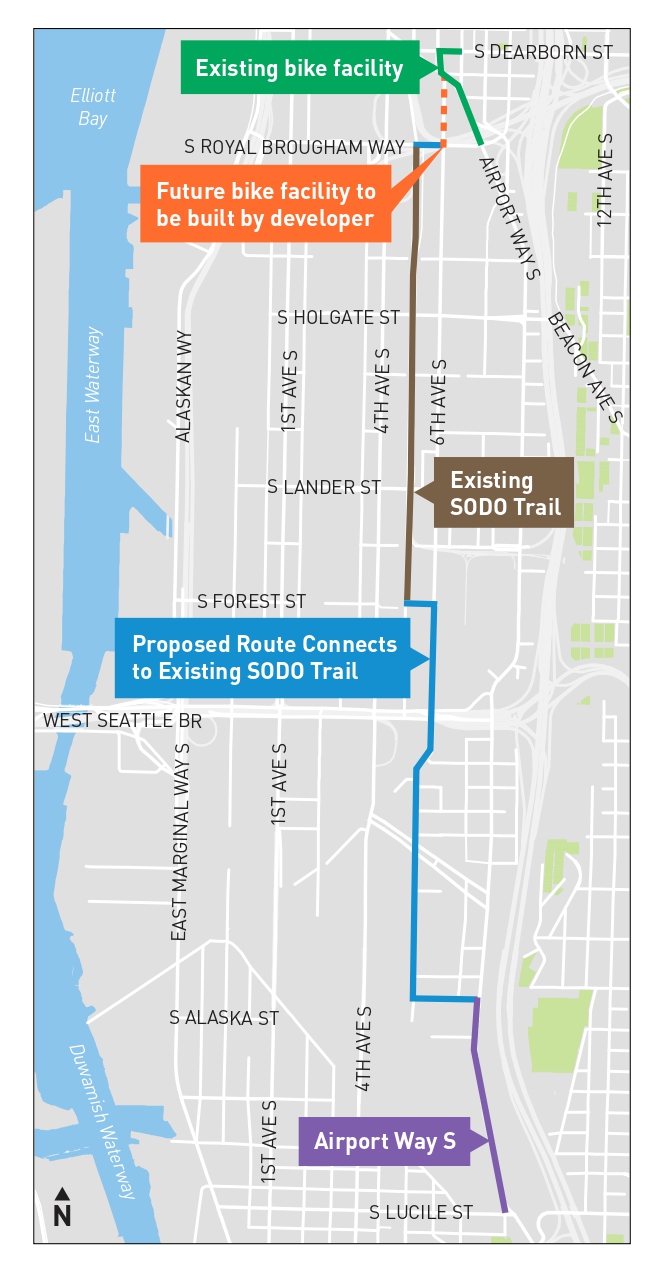 Map of proposed project route on 6th Ave S connecting from Airport Way S from Georgetown through SODO to downtown.