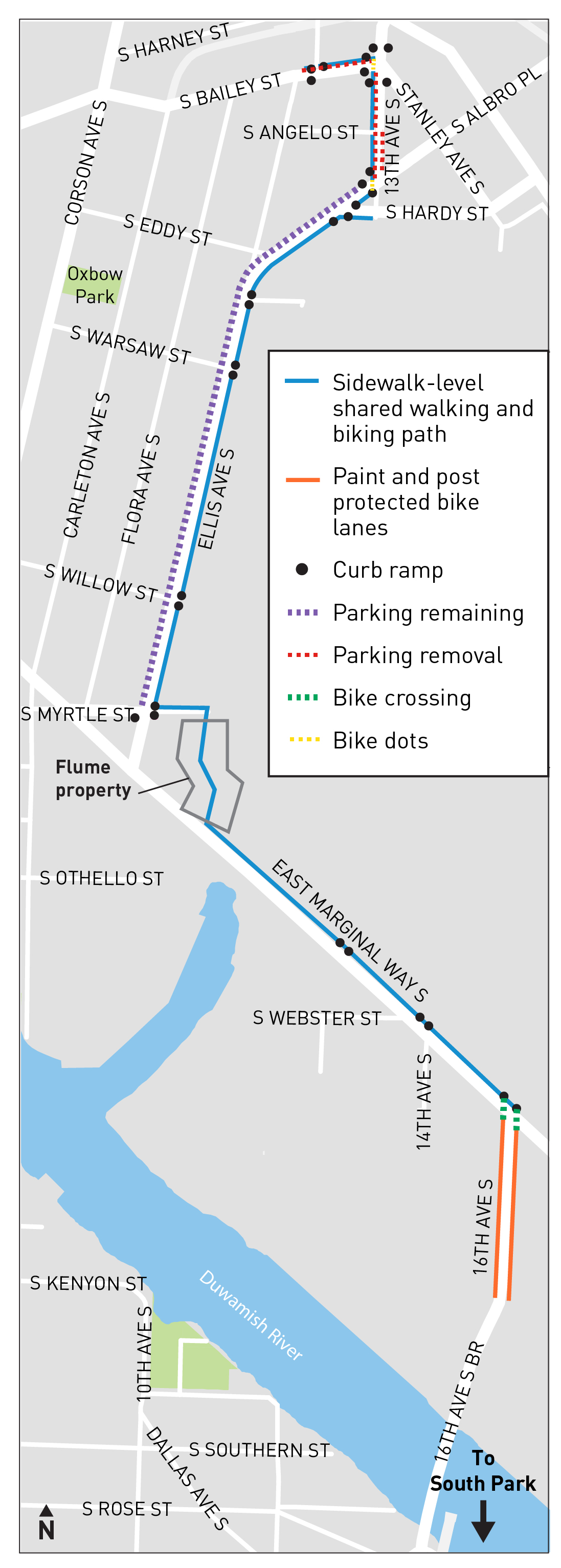 Map showing route from 13th Ave S, Ellis Ave S, and East Marginal Way s, and 16th Ave S