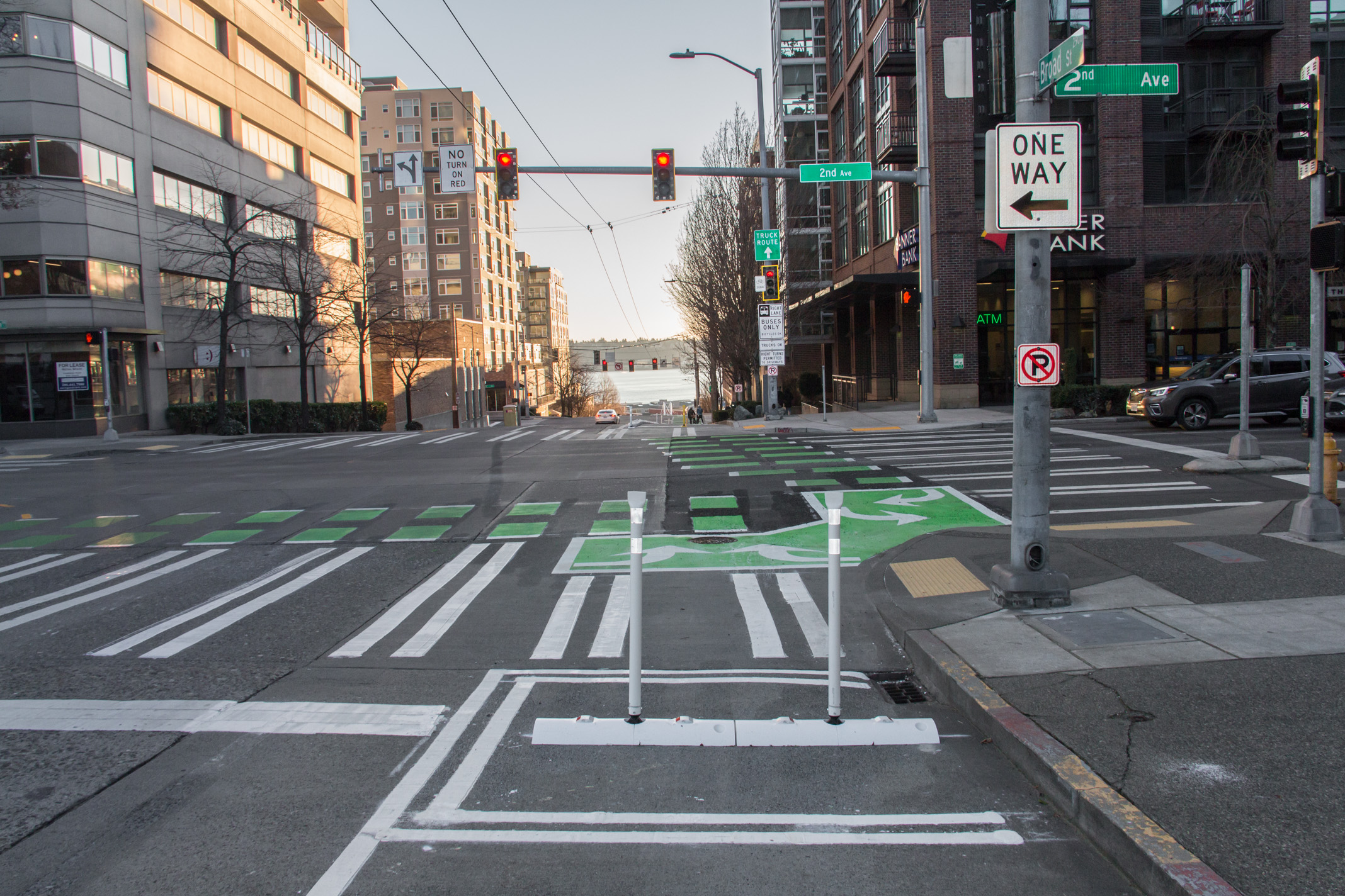 Image showing new bike crossing and bike box at intersection of 2nd Ave and Broad St, looking southwest.