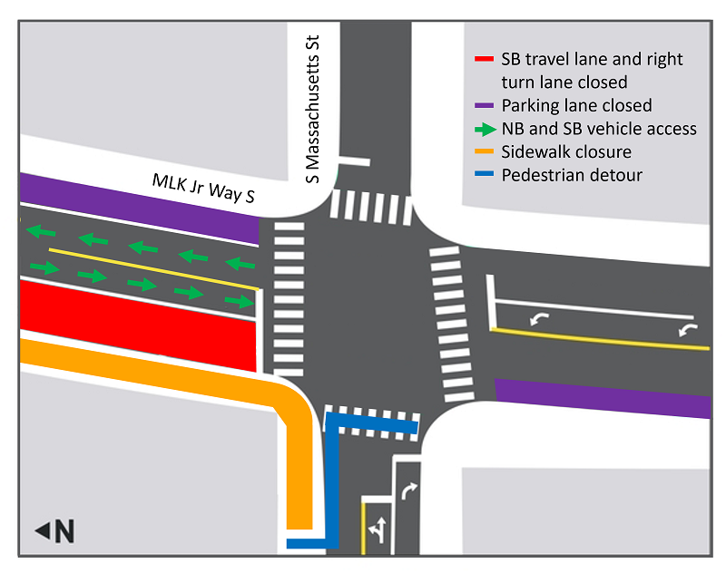 Detour map for work at the intersection of MLK Jr Way S and S Massachusetts St