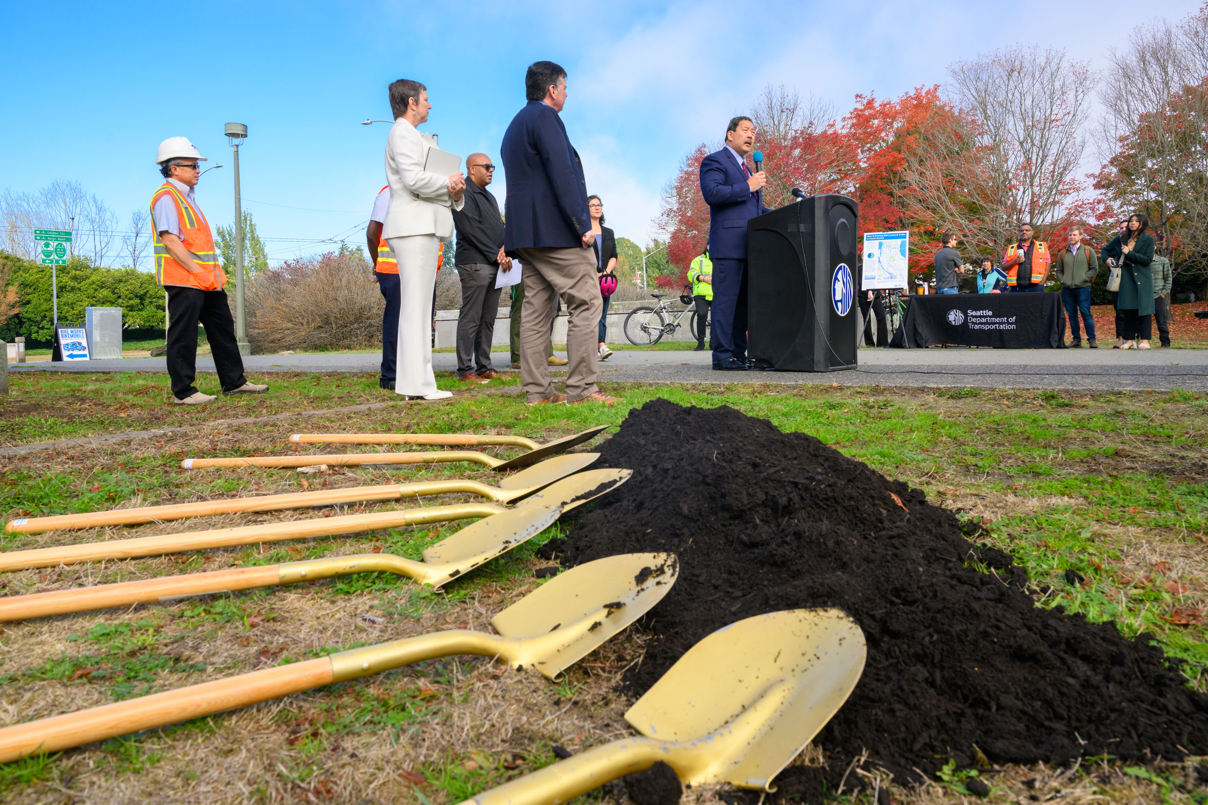 Photo showing Mayor Harrell sharing speech at groundbreaking event.