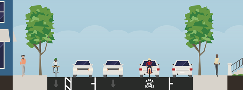 Uphill protected bike lane with downhill sharrow concept with two parking lanes