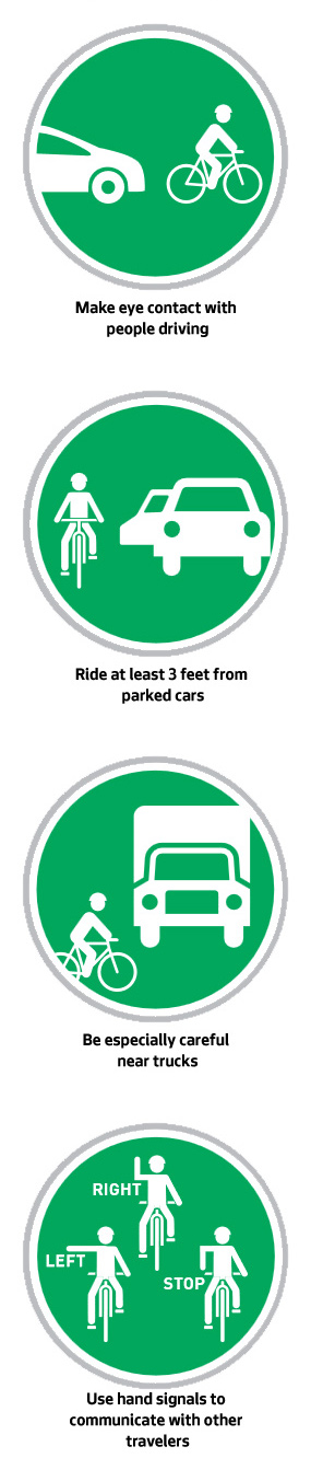 Bike Safety Tips: Make eye contact with  people driving; Ride at least 3 feet from  parked cars; Be especially careful  near trucks; Use hand signals to communicate with other travelers