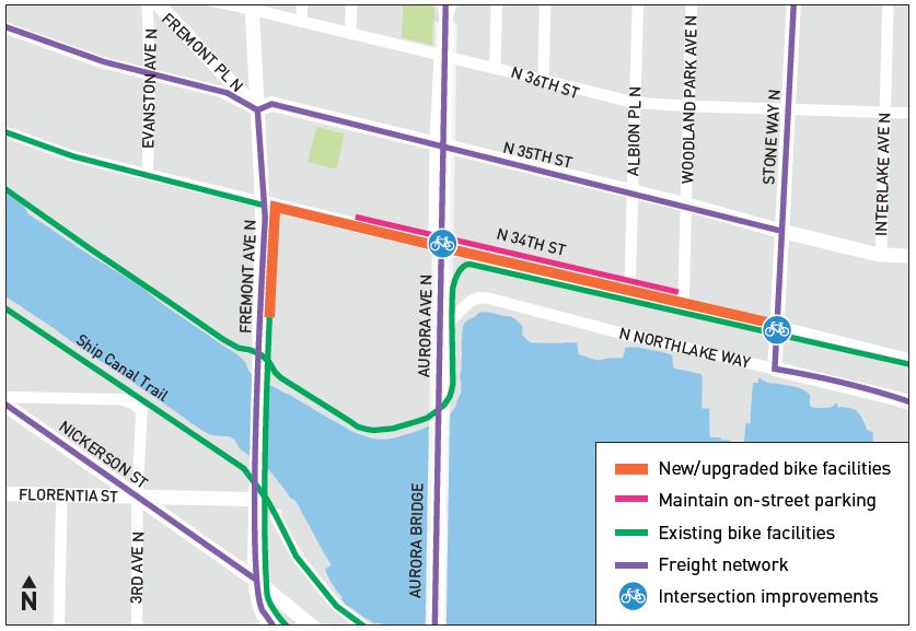 Close up project map showing upgraded bike facility.