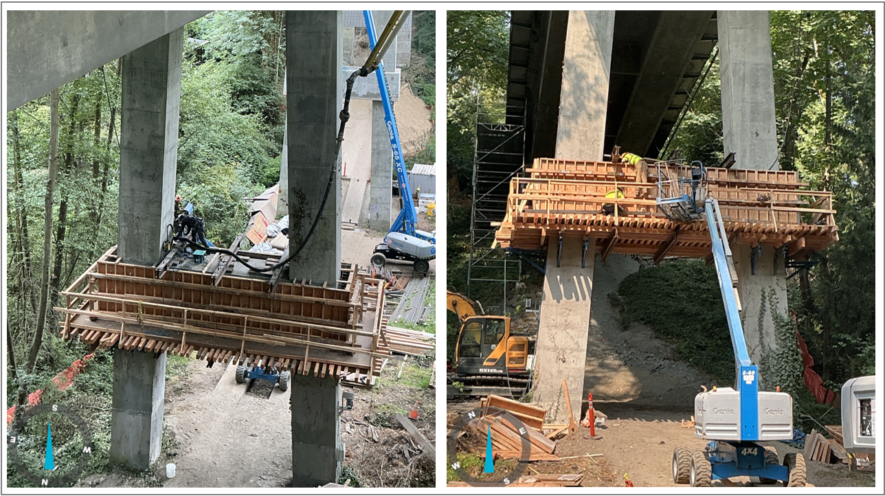 Left: workers on a hanging platform retrofit a bridge column. Right: crews on a lift install formwork around another bridge column.
