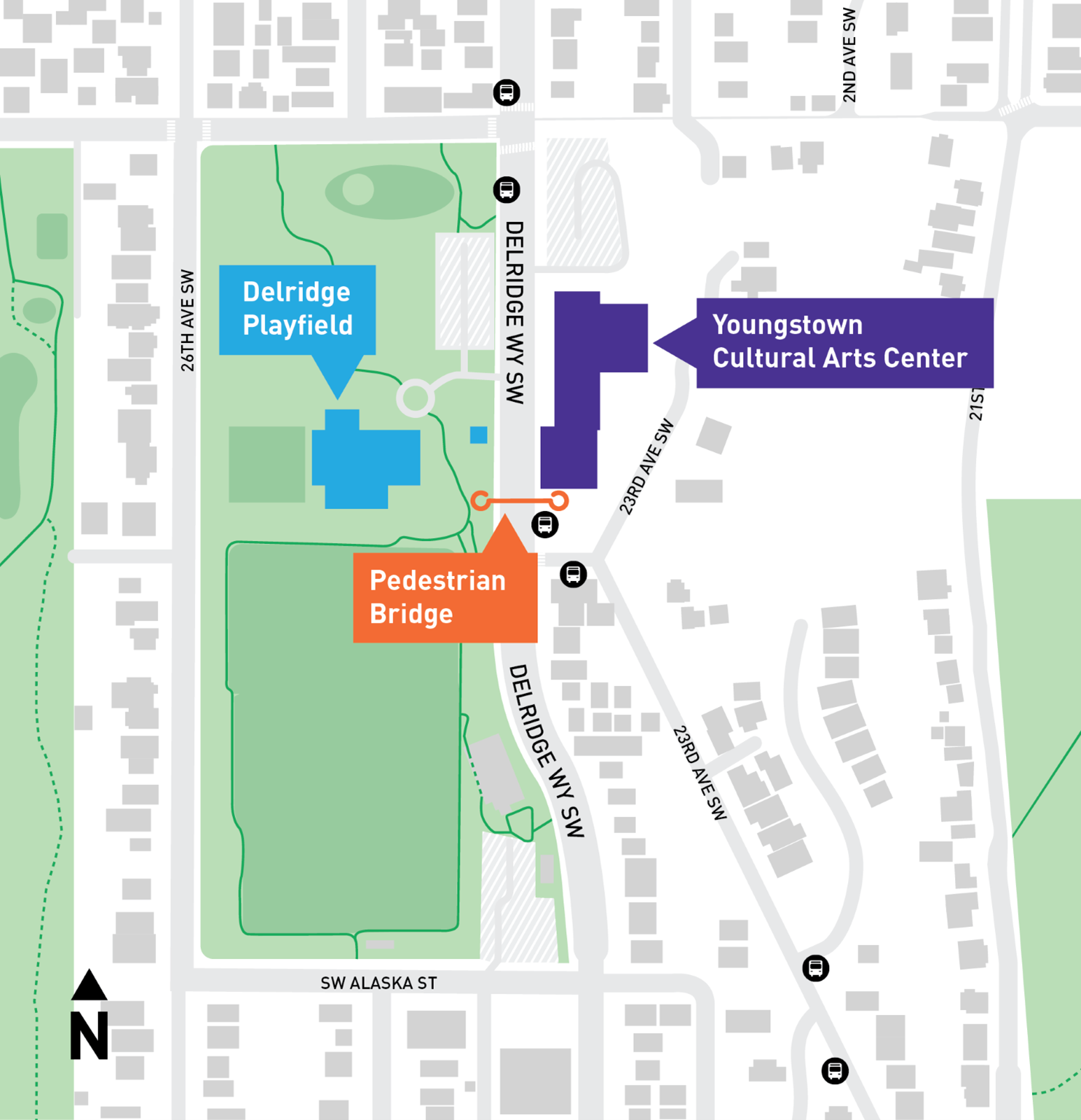 Overhead view of the Delridge Pedestrian Bridge and surrounding area