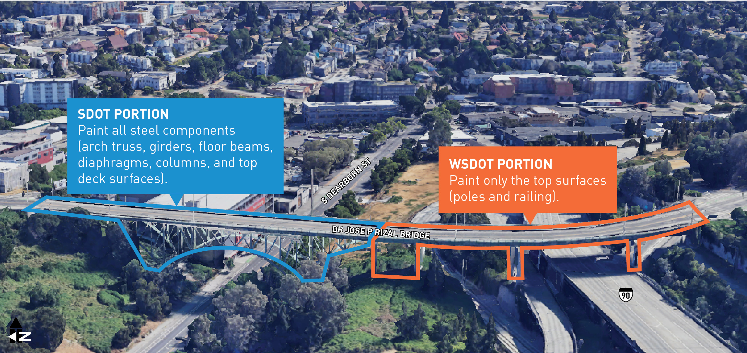Aerial-lateral map of the Dr. Jose Rizal Bridge showing the northern section in blue and the southern section in orange. 