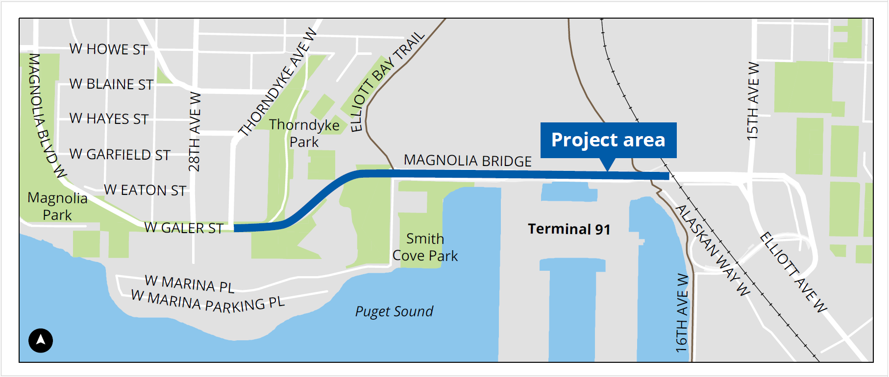Map showing the Magnolia Bridge Preservation Project area, highlighted in blue, running from W Galer St through the Magnolia Bridge to the area west of the railroad tracks, passing Smith Cove Park and Terminal 91