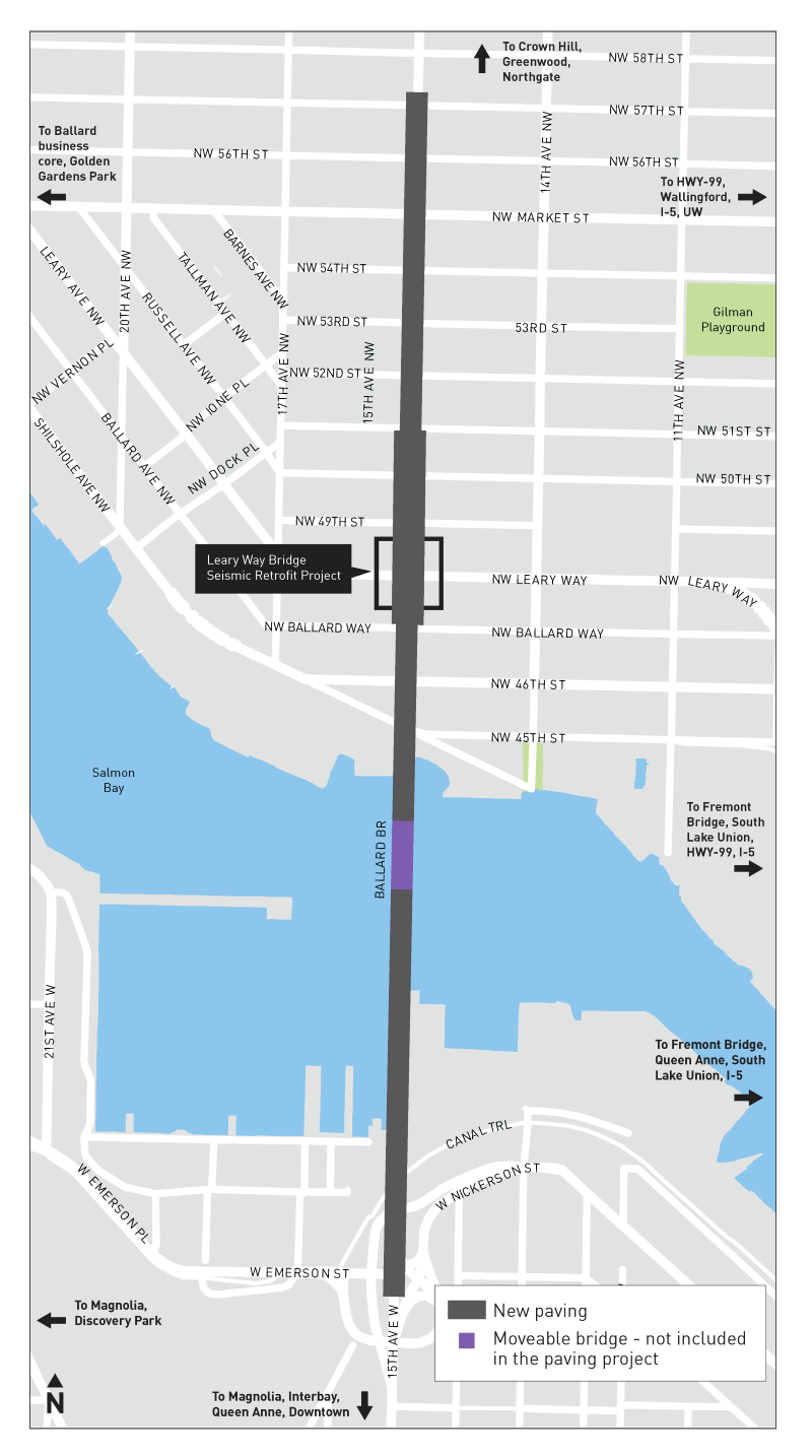 Map of the Ballard Bridge and Leary Way Bridge 