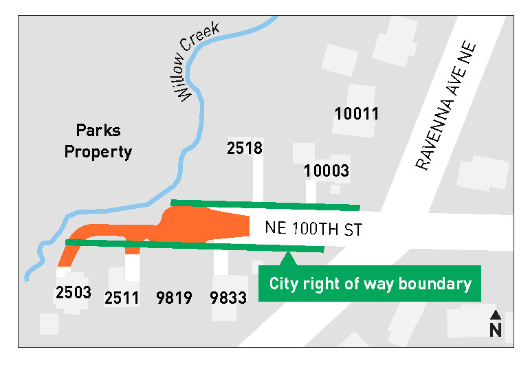 A graphic map showing the location of the proposed drainage pipe at NE 100th street which will re-route the creek from the right of way.